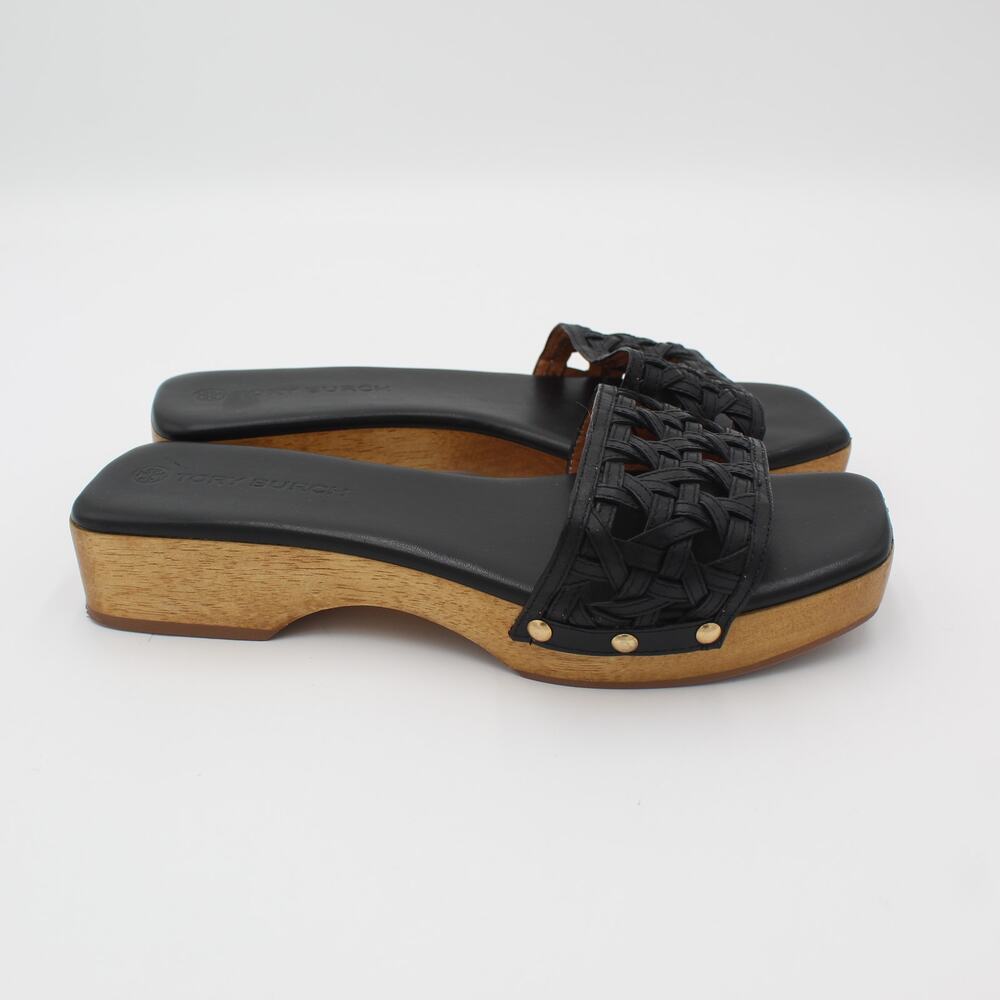 Tory Burch Sandals Womens 10 Basketweave Leather Wood Clogs Black Open Toe